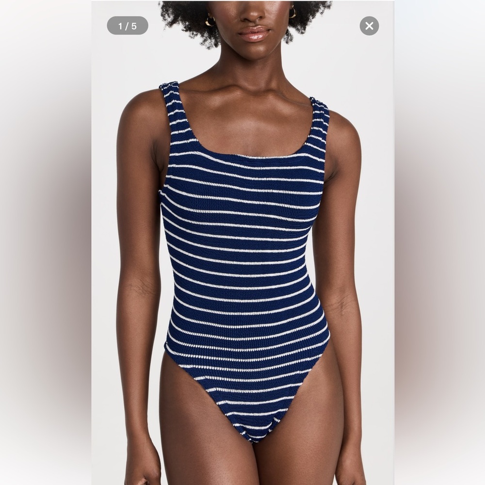Hunza G Navy and White Striped Square Neck Swim One Piece